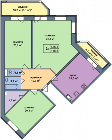 Трёхкомнатная квартира 126.1 м²