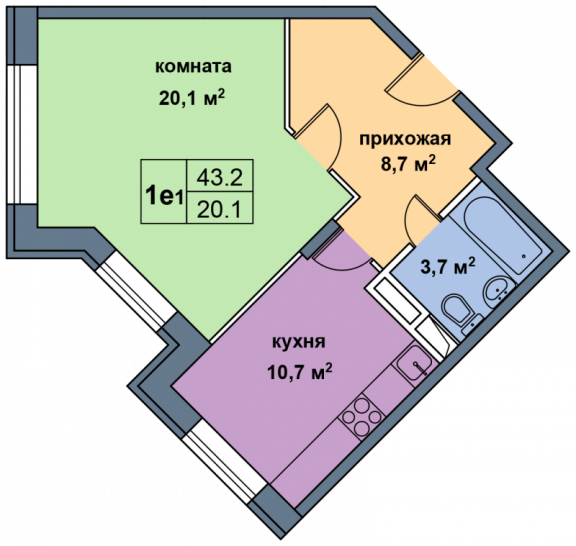 Однокомнатная квартира 43.2 м²