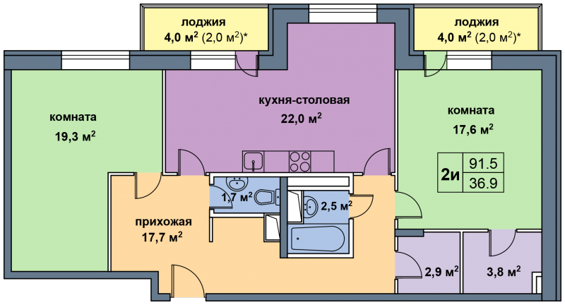 Двухкомнатная квартира 91.5 м²