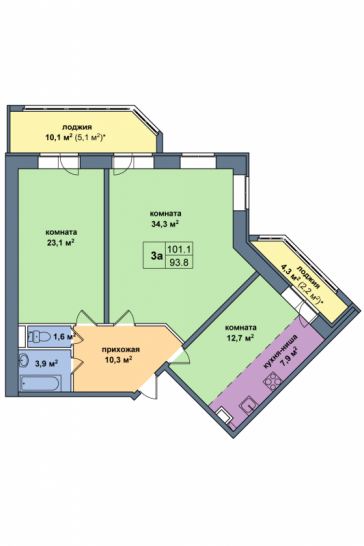 Трёхкомнатная квартира 101.1 м²