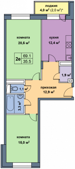 Двухкомнатная квартира 69.1 м²