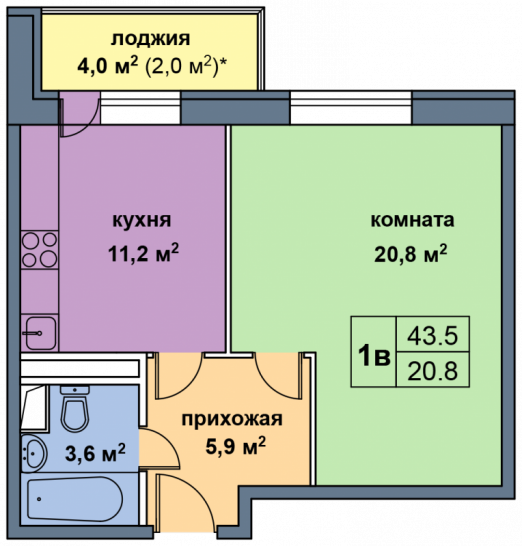 Однокомнатная квартира 43.5 м²