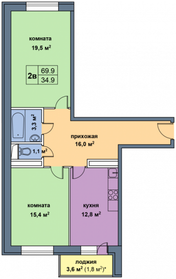 Двухкомнатная квартира 69.9 м²