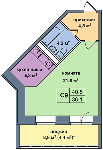 Студия 40.5 м²