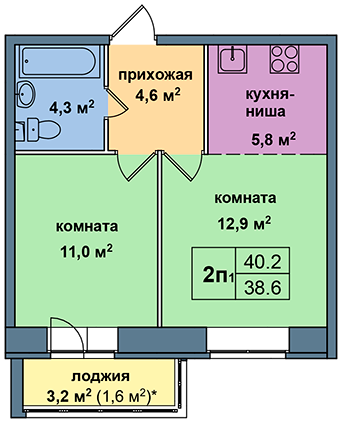Студия 39.6 м²