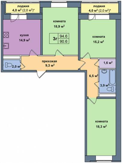 Трёхкомнатная квартира 94.6 м²