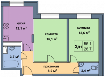 Двухкомнатная квартира 55.1 м²