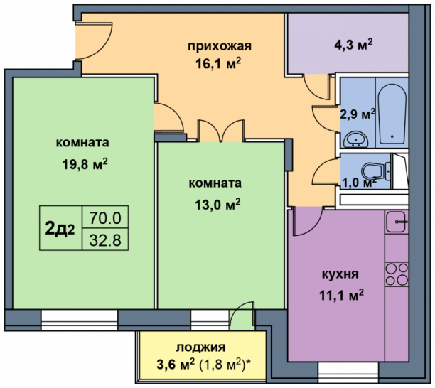 Двухкомнатная квартира 70 м²