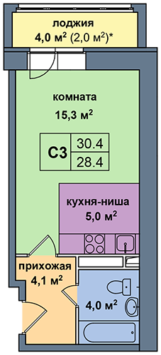 Студия 30.4 м²